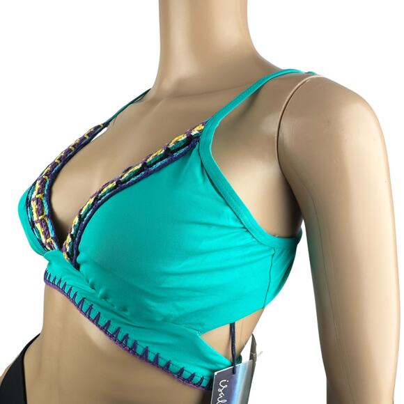New Isabella Rose Blue Crochet Trim Removable Cups Split Strap Bikini Top L - Picture 3 of 6